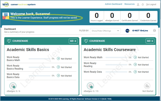 Sample view of the new learner dashboard from an admin account