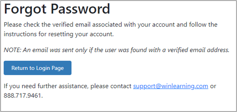 Image of the Forgot Password popup window notifying the user that instructions for resetting their password has been sent to their email.