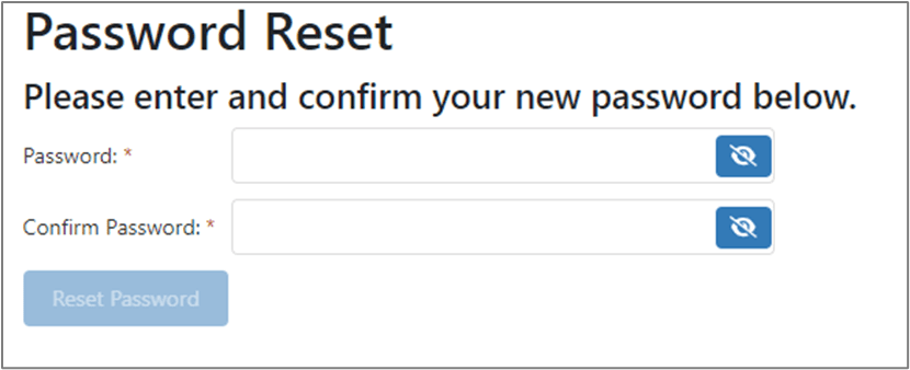 Image of the Password Reset popup window with fields to enter and confirm a new password