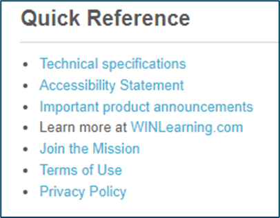 List of Quick Reference links on the WIN CRSystem login page