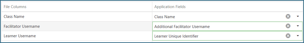 Field mapping section showing column names in imported file and the field options for the class roster