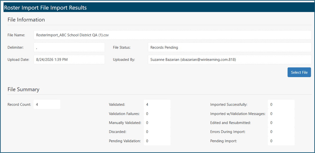 Roster Import File Import Results screen