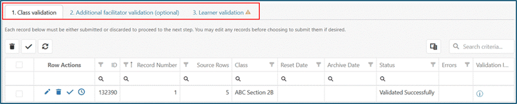 Class roster import summary with tabs showing validation issues circled in red