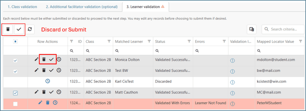 List of learner validation issues with trash icon and checkmark icon circled in red