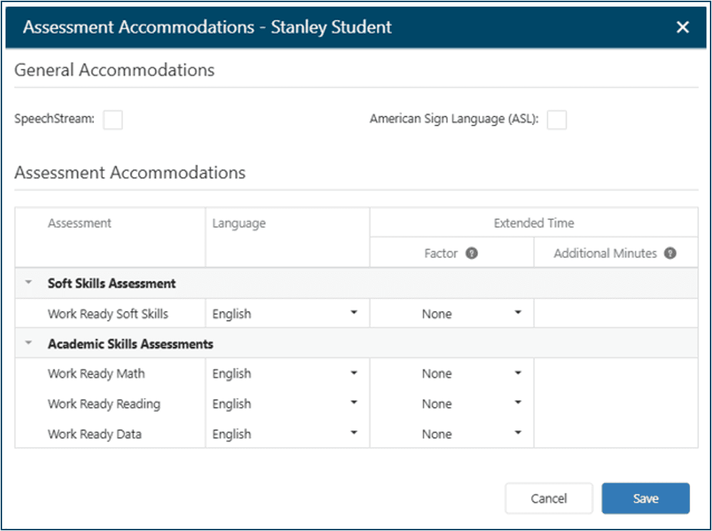 Accommodations screen with options to set SpeechStream, ASL, language, and extended time