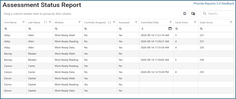 Assessment Details view of Assessment Status Report