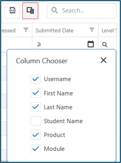 Column Chooser options with Username, First Name, Last Name, Product, and Module selected