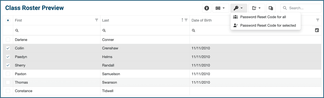 Class Roster Preview screen with dropdown menu showing options to Generate Password Reset Code for All or Generate Password Reset Code for Selected
