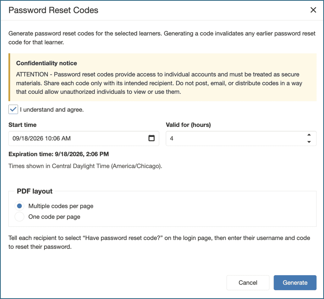 Generate Password Reset Code screen with options for start time, number of hours the code will be valid, and PDF layout for codes
