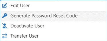 Dropdown menu with Generate Password Reset Code highlighted