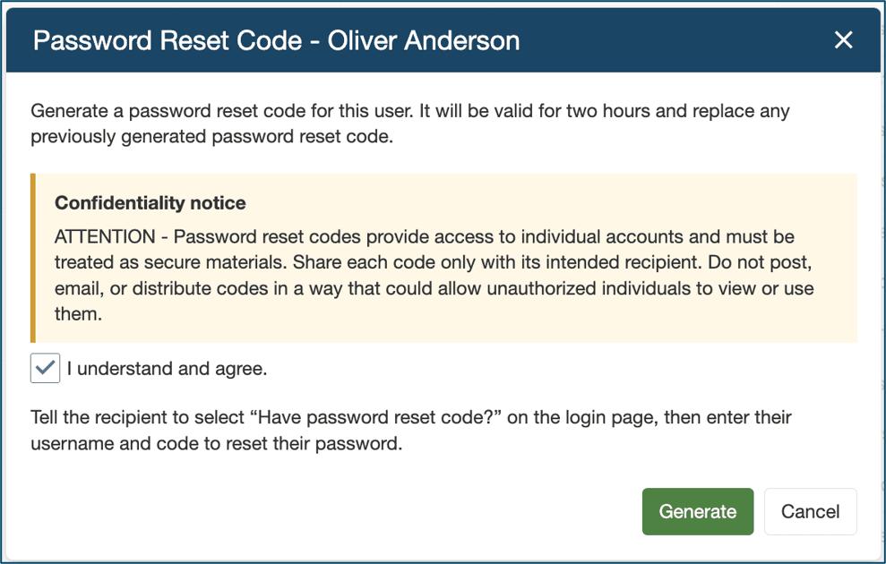 Generate Password Reset Code screen for individual student