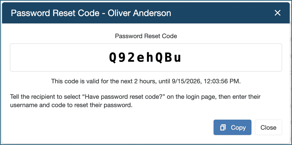 Screen showing a sample password reset code