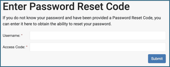 Screen with fields to enter username and access code