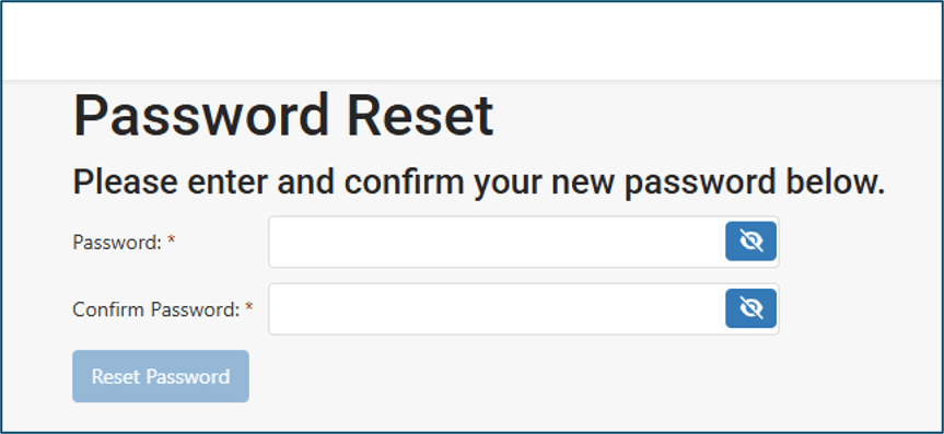 Reset password screen with fields for new password and confirm password