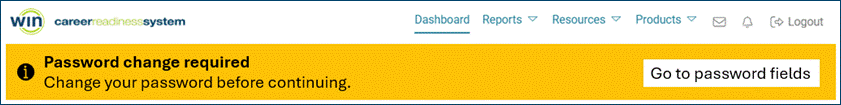 Yellow banner at the top of CRSystem dashboard notifying user to reset their password