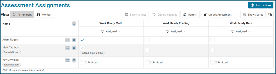 Assessment Assignment screen with option to show or hide scores