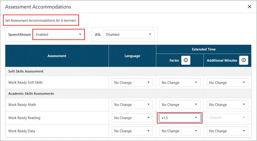 Bulk accommodations screen with SpeechStream selection circled in red and extended time factor circled in red