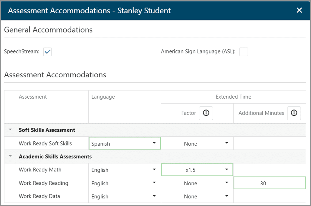 Sample accommodations screen with SpeechStream assigned, test language set to Spanish, and extended time set for two assessments