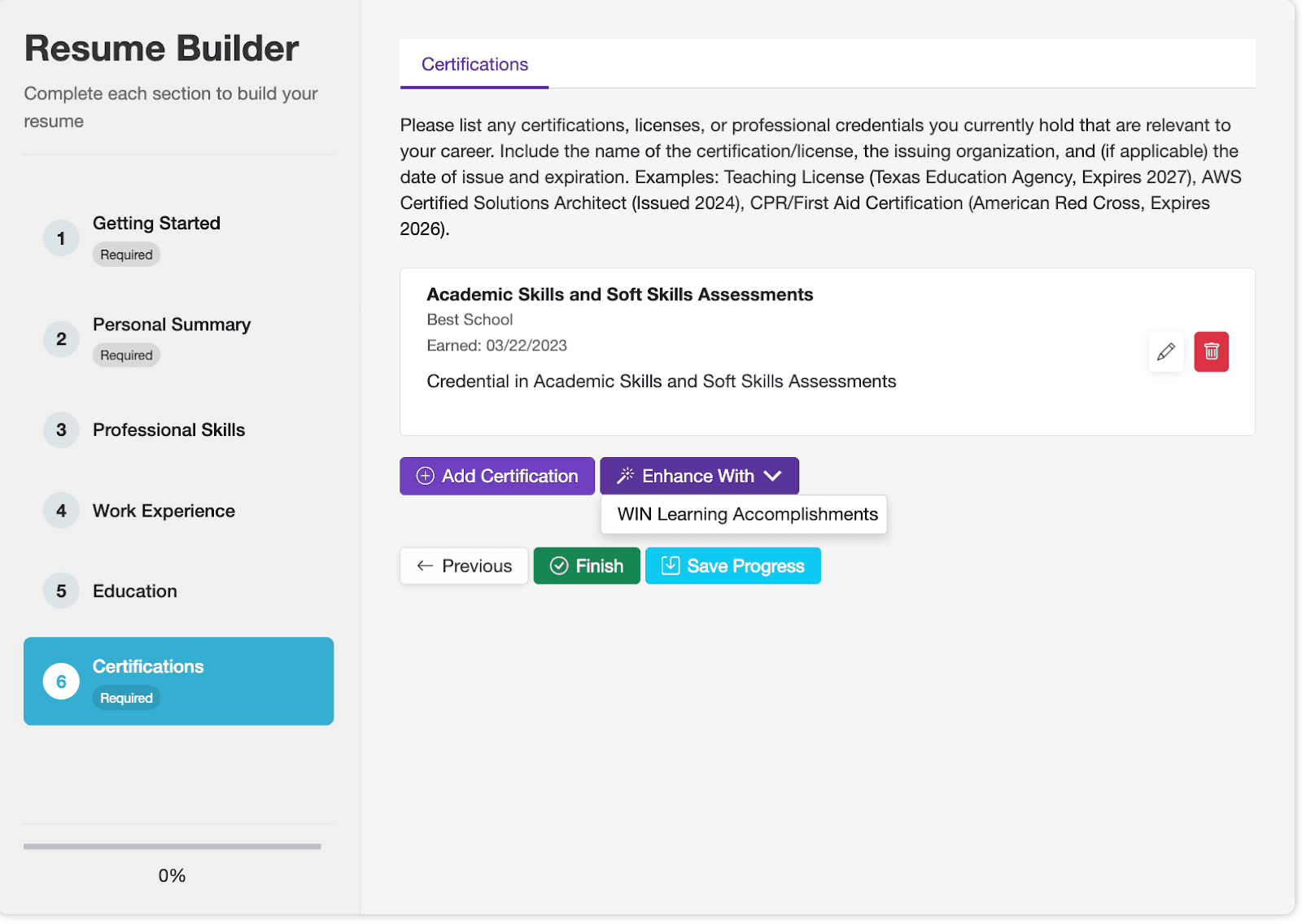 Screenshot of the resume builder with Enhance with WIN Accomplishments feature
