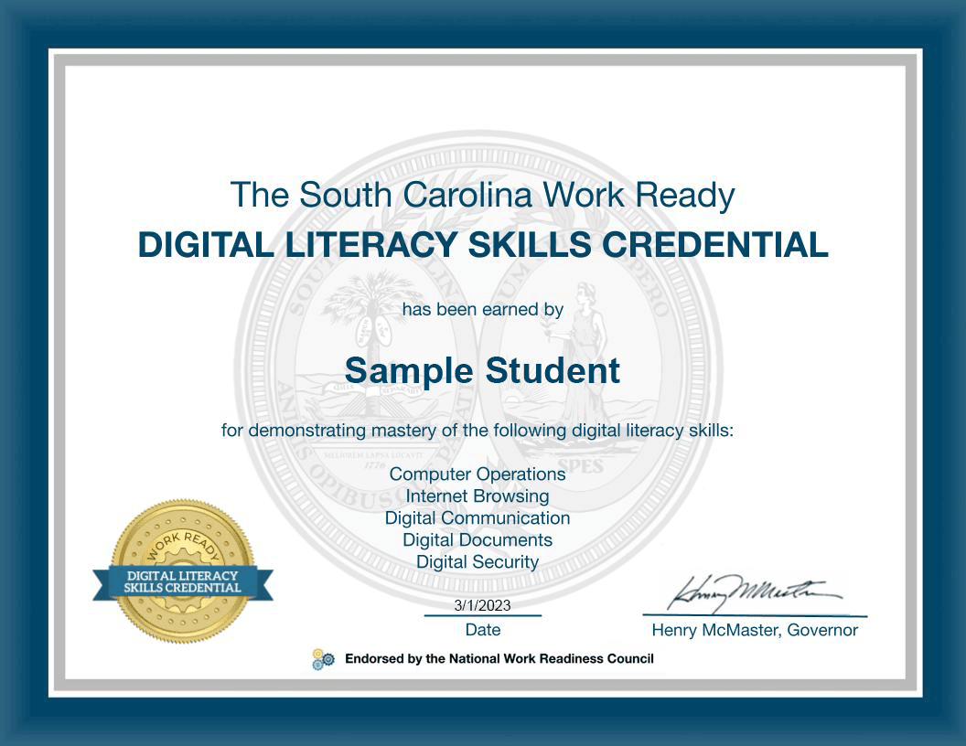 Image of the South Carolina Work Ready Digital Literacy Credential