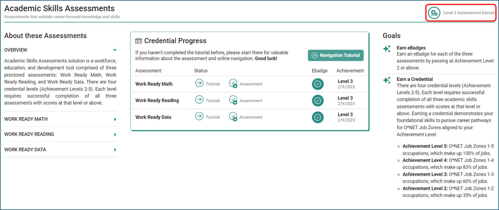 Image of the Academic Skills Assessments landing page showing all three assessments complete with an Achievement Level 3 earned.