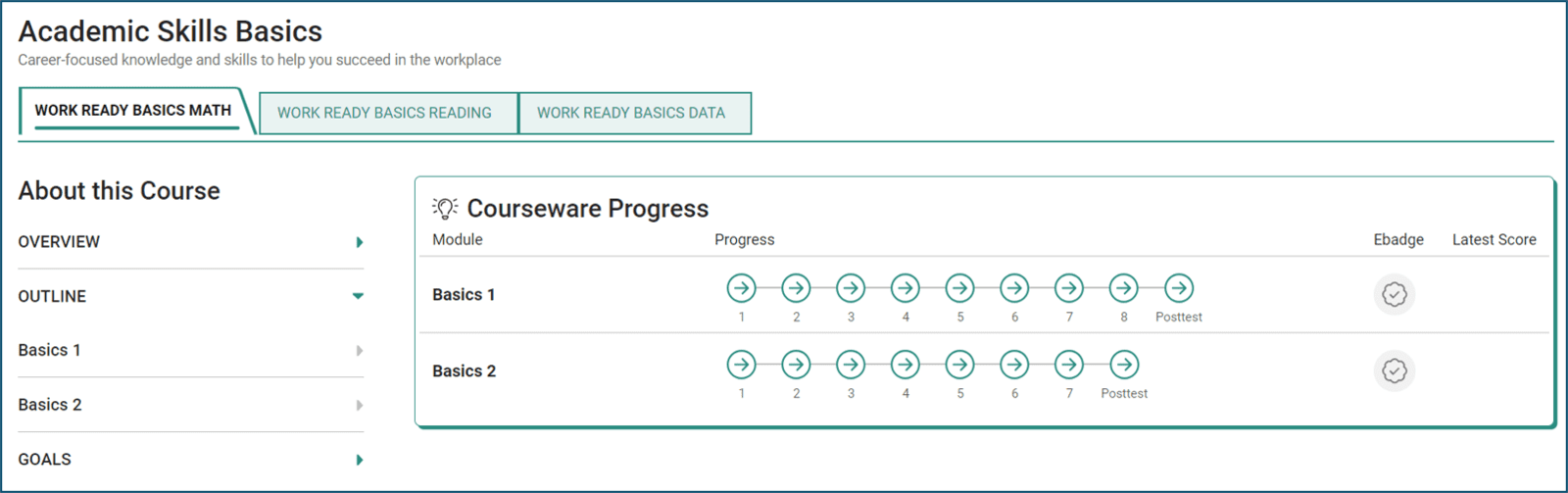 Academic Skills Basics homepage showing the three modules