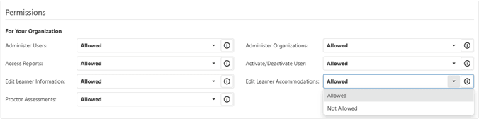 List of available permissions with dropdowns for each to select Allowed or Not Allowed