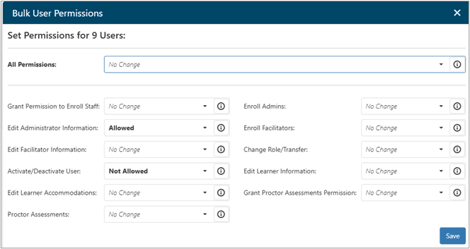 Bulk User Permissions screen with dropdowns for each to select No Change, Allowed, or Not Allowed