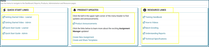 Home screen with sections for Quick Start Links, Product Updates, and Resource Links highlighted
