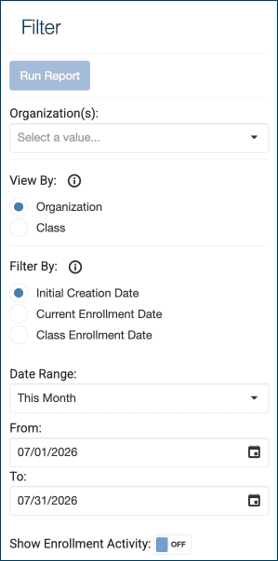 Filter options for Enrollment Report with ability to select View By Organization or View By Class