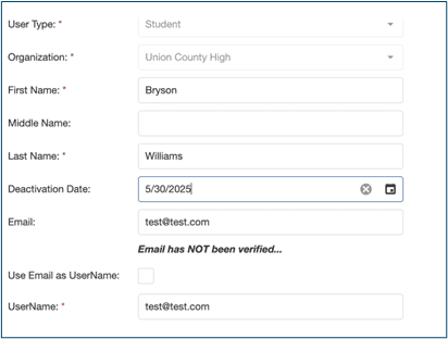 User information fields with new field for Deactivation Date
