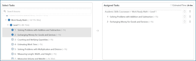 List of tasks in Work Ready Math Level 1
