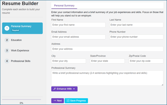 Personal Summary section of Resume Builder