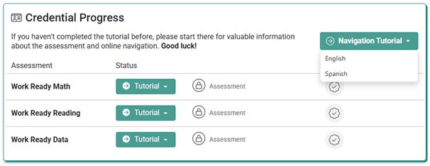 Academic Skills Assessment landing page with dropdown menu to select English or Spanish for the Navigation Tutorial