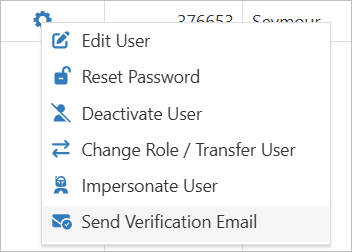 User administration menu with Send Verification Email selected