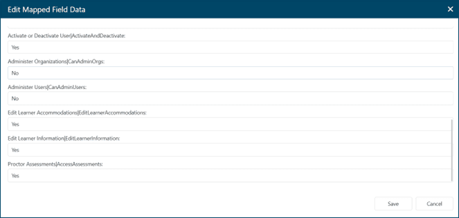 Data fields for each permission in Batch Enroll Import screen