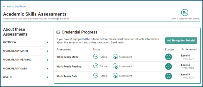 Progress screen showing a learner's score in each Academic Skills assessment