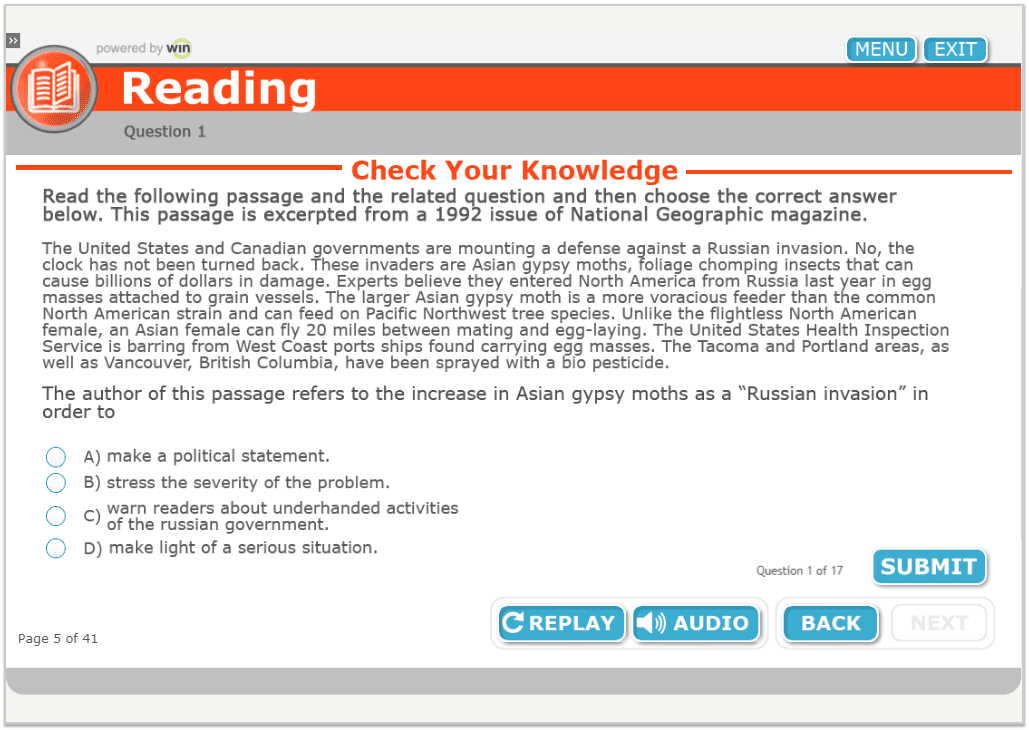 Image of a knowledge check question in the Reading module