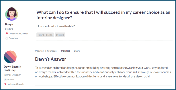 Sample of a question and answer on Career Advice Forum showing an interaction between a student and a professional