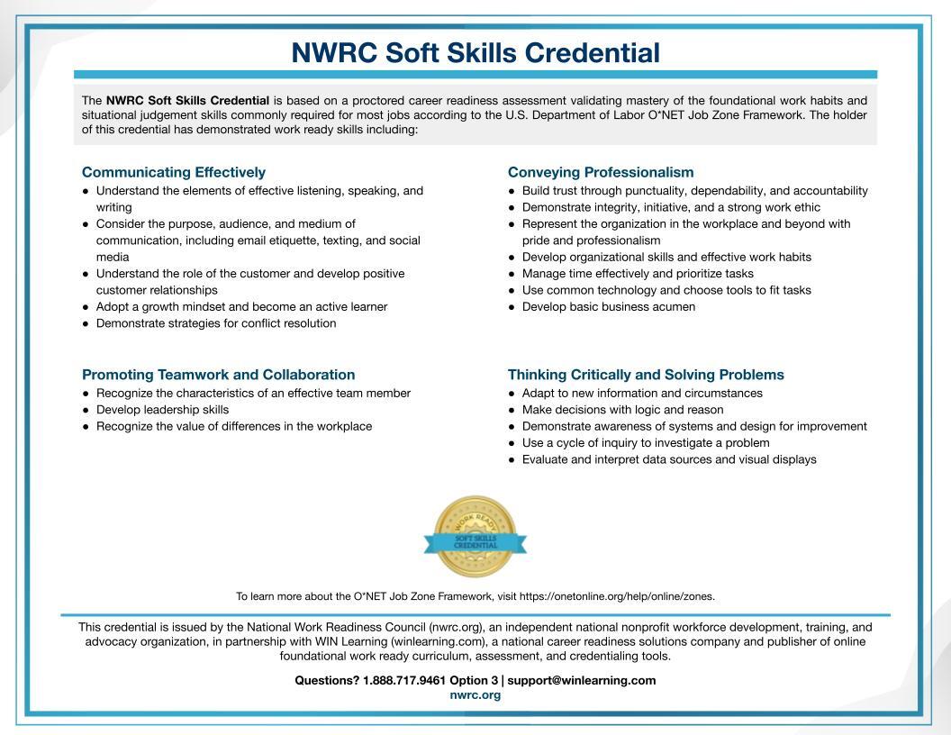 Back page of the Soft Skills Credential detailing the skills mastered
