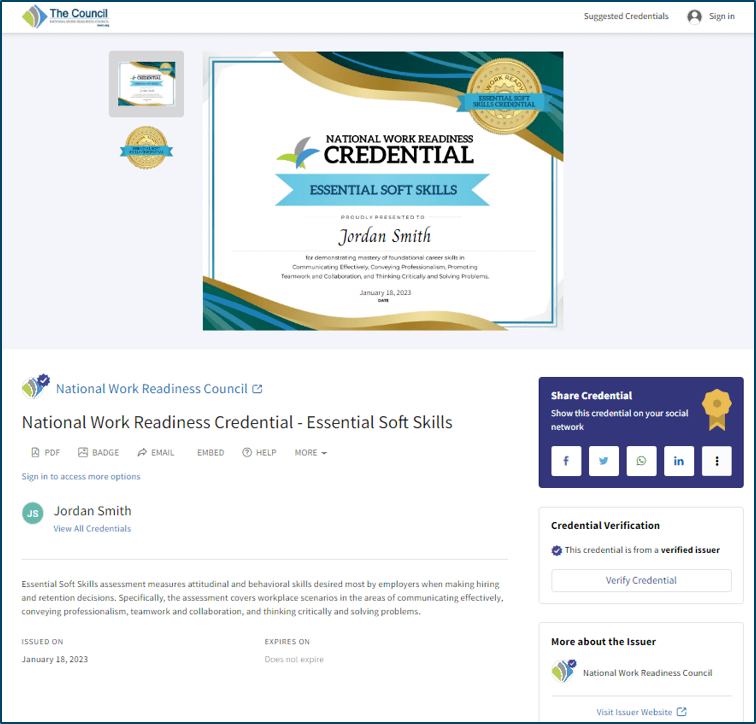 Accredible page showing a sample NWRC Essential Soft Skills Credential