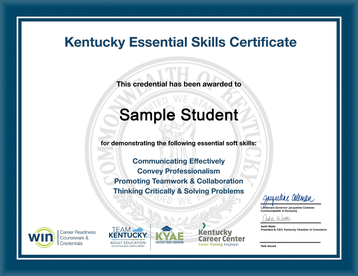 Sample Kentucky Essential Skills Certificate