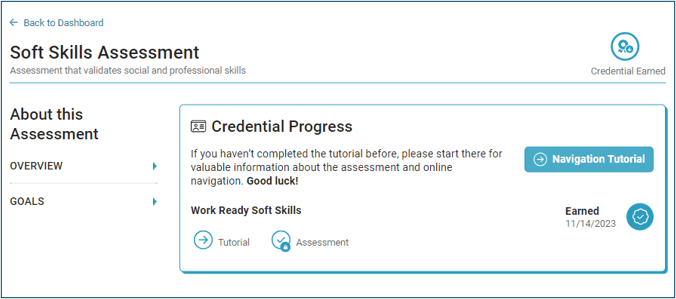 Progress screen showing that the learner has completed the Soft Skills Assessment