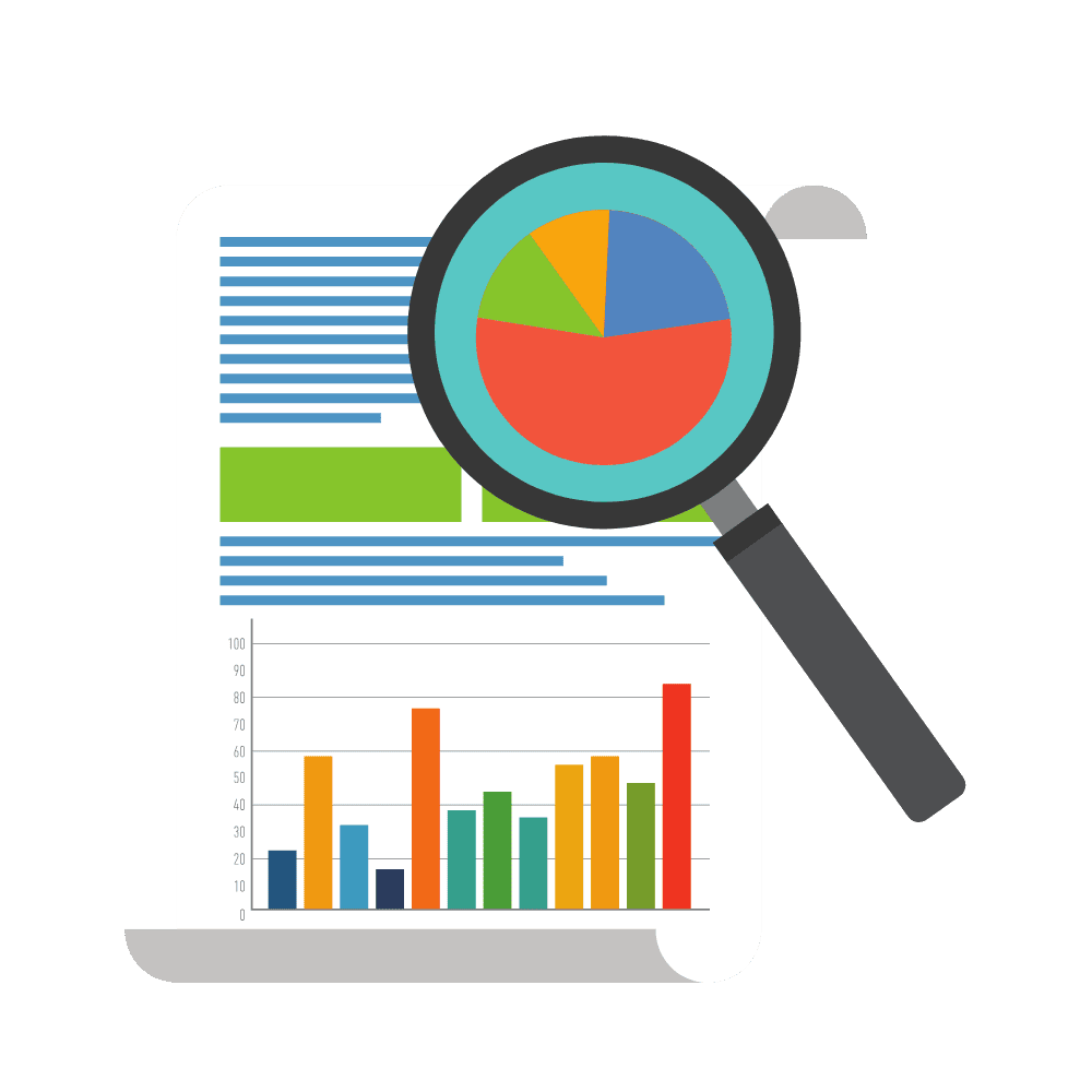 Icon of a magnifying glass and a piece of paper with graphs