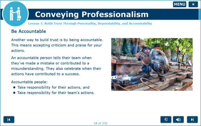 Conveying Professionalism lesson about punctuality, dependability, and accountability