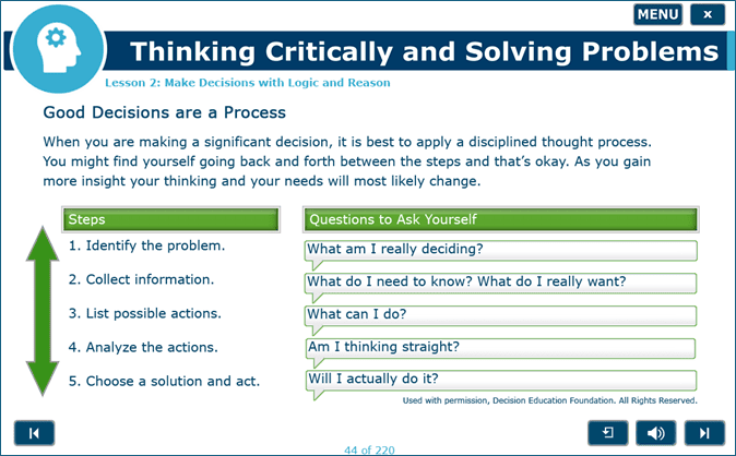 Thinking Critically & Solving Problems lesson about making decisions