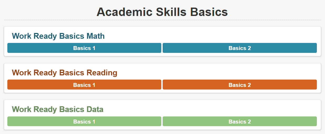 Academic Skills Basics homepage showing the three modules