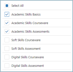 Filter view dropdown menu with Academic Skills Basics, Academic Skills Courseware, and Academic Skills Assessments selected