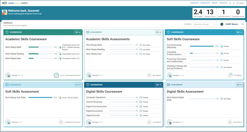 Desktop view of new learner dashboard