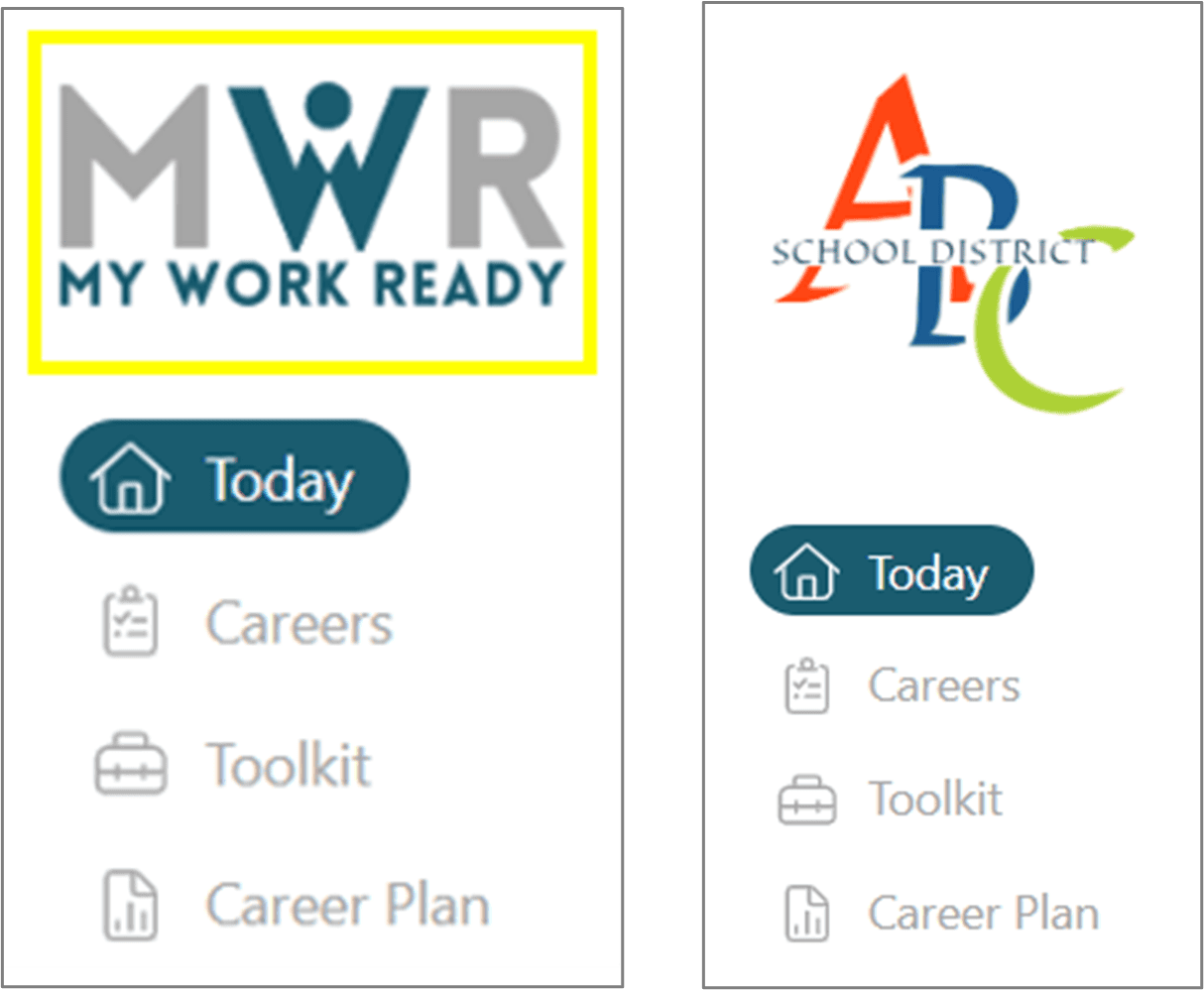 Screenshots of the My Work Ready homepage, one with the standard My Work Ready logo and one with a customized logo
